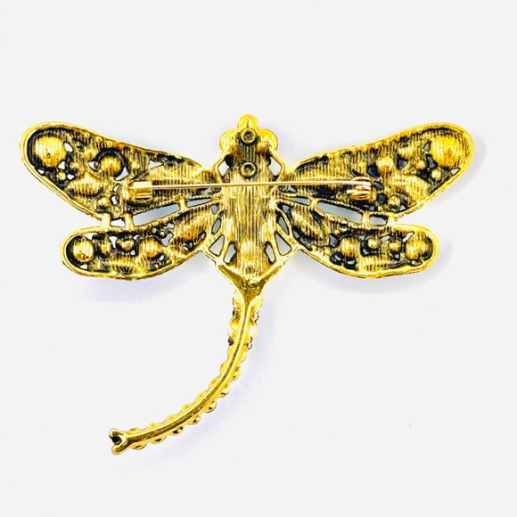 Stunning Huge Gold Tone Dragonfly Brooch with Green and Blue Rhinestones - Picture 5 of 5